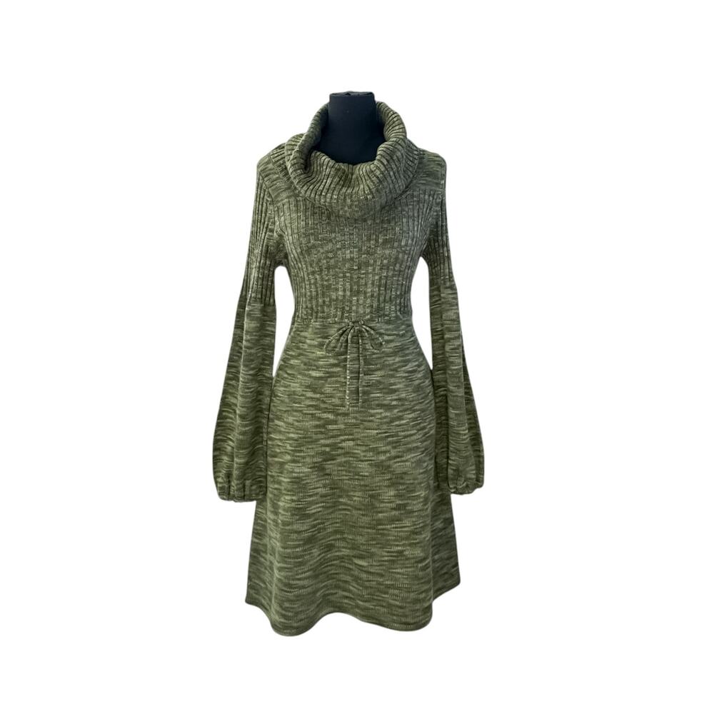 New Directions Green Marled Cowl Neck Midi Ribbed Sweater Dress Women's Large